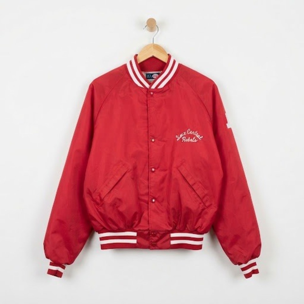 Vtg 80s Dunbrooke Pla-Jac Red Satin Snap Bomber Jacket Sioux Central Rebels Jock